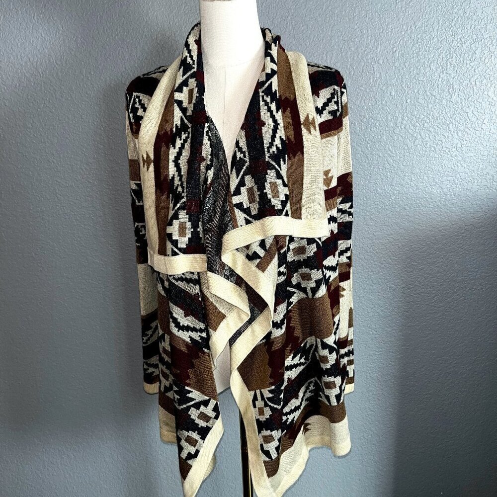 SKIES ARE BLUE Southwestern Aztec Navajo Waterfall Open Front Cardigan EUC - S